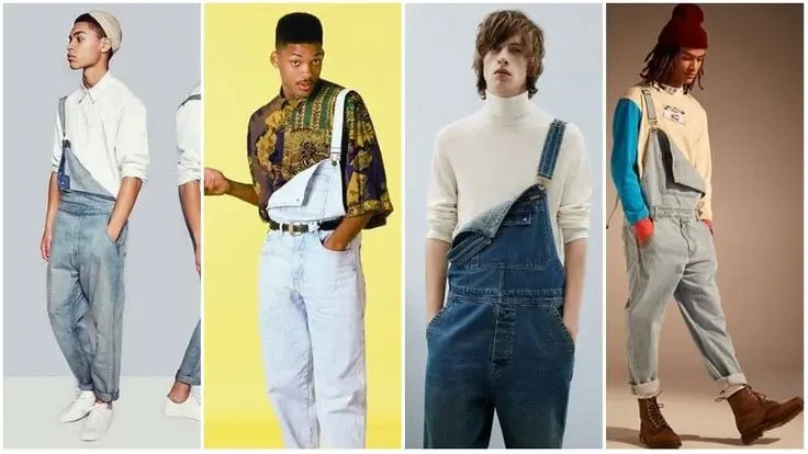 90s inspired men’s fashion with baggy jeans and bucket hats