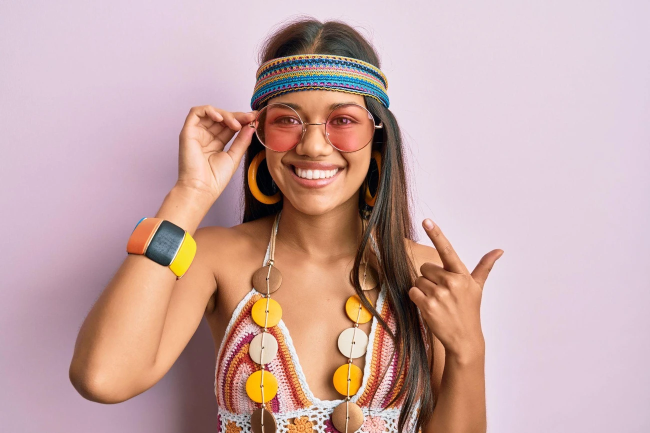 woman wearing bohemian and hippie style dress woman wearing bohemian and hippie style dress