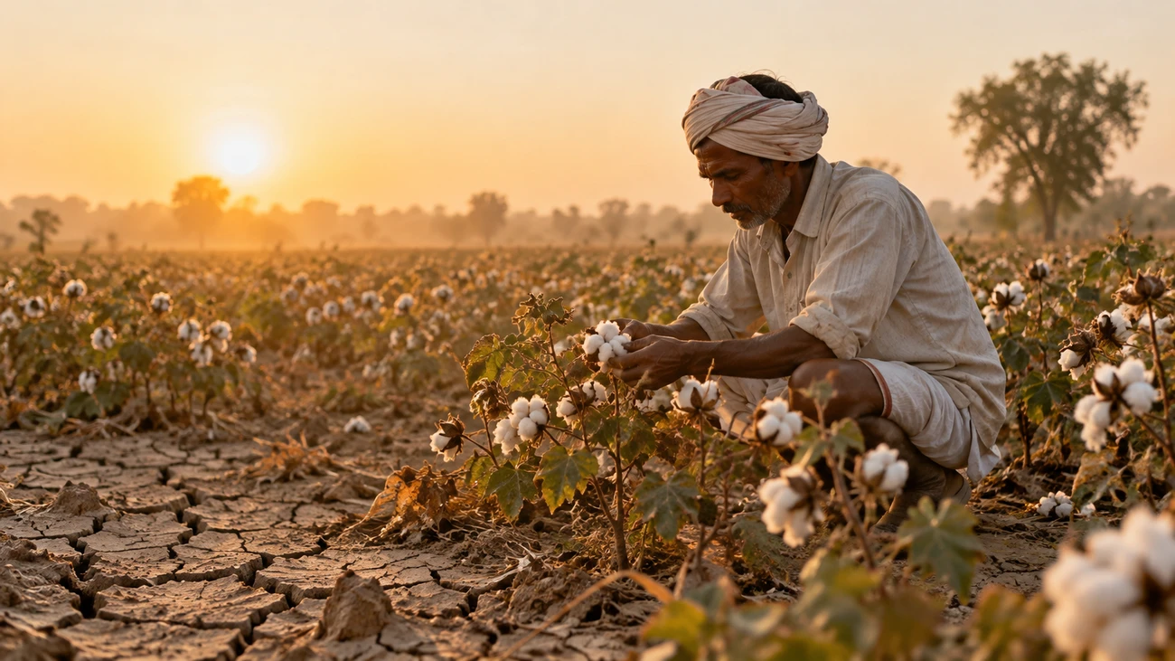 Farmer inspecting cotton bolls in an Indian cotton field at golden hour with dry cracked earth, showing cotton's water use Farmer inspecting cotton bolls in an Indian cotton field at golden hour with dry cracked earth, showing cotton's water use