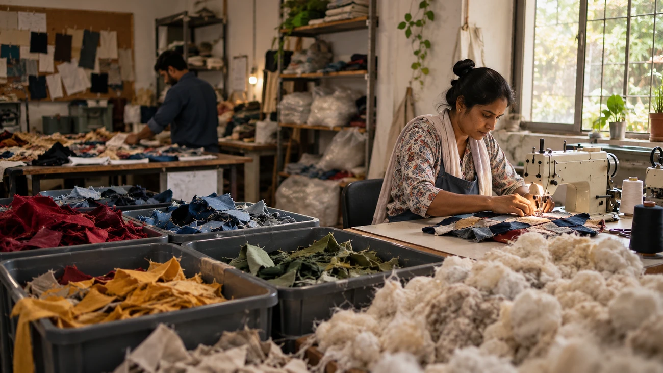 Worker upcycling sorted fabric scraps into new clothing in a textile recycling workshop, showing recycling and reuse Worker upcycling sorted fabric scraps into new clothing in a textile recycling workshop, showing recycling and reuse