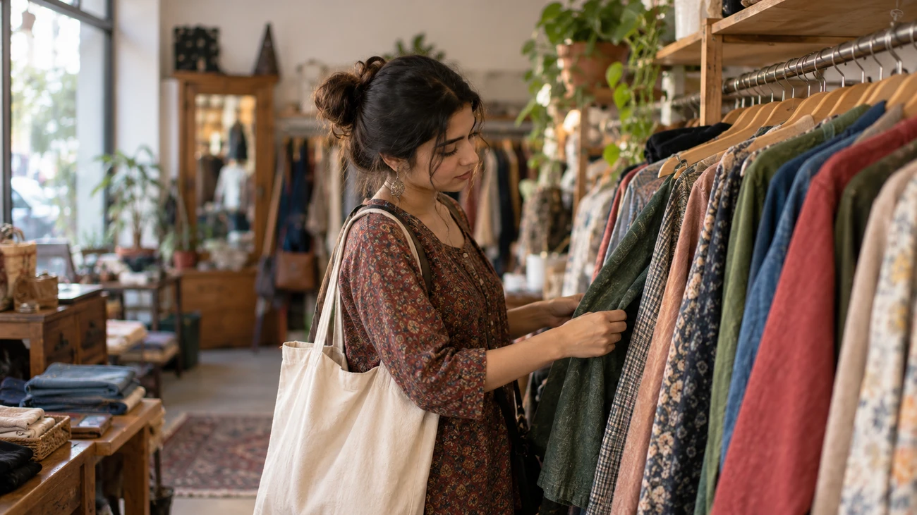 Young woman examining a well-made garment in a secondhand clothing store, choosing to buy less and reduce fashion waste Young woman examining a well-made garment in a secondhand clothing store, choosing to buy less and reduce fashion waste