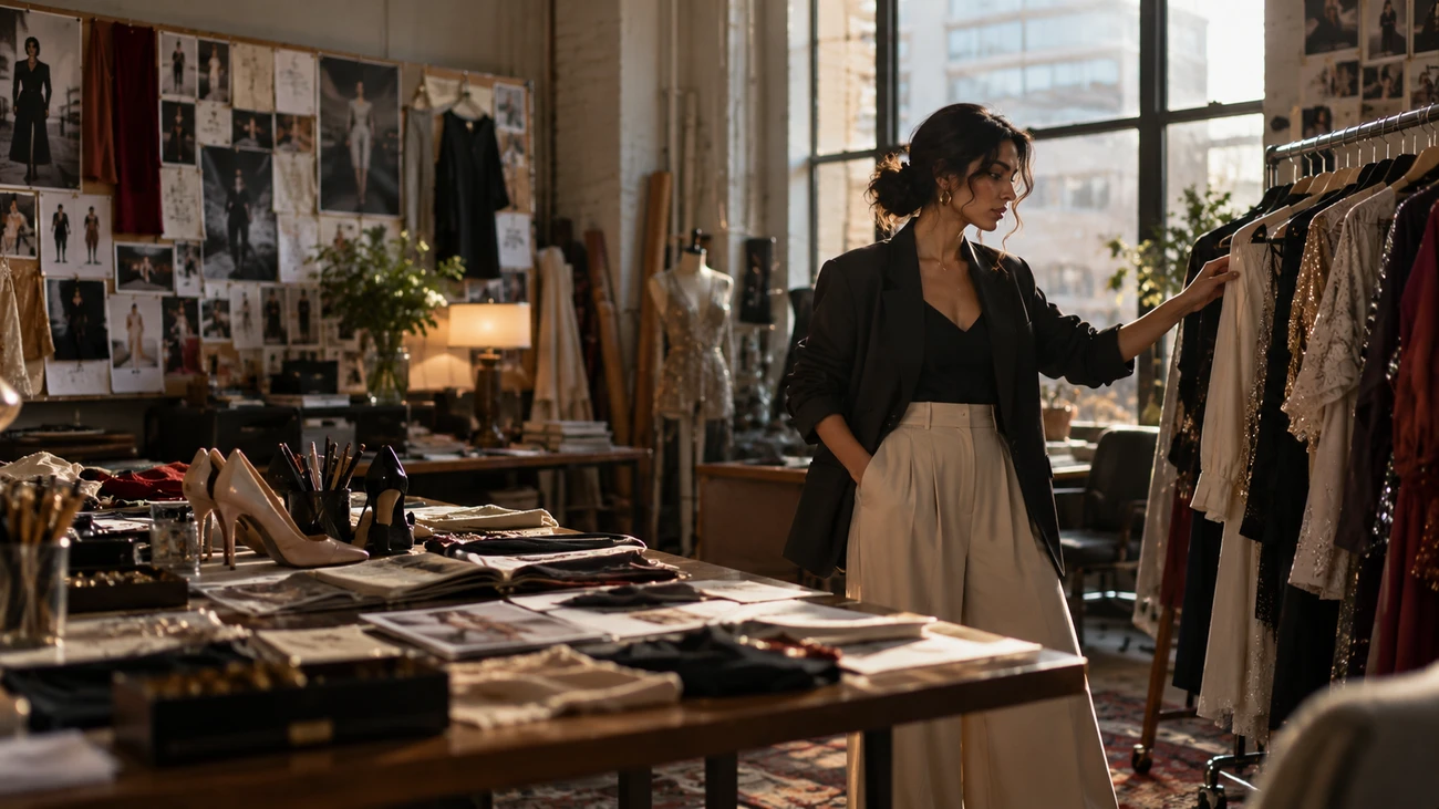 A stylist reviewing outfits on a clothing rail in a chic studio, evoking iconic Hollywood fashion films A stylist reviewing outfits on a clothing rail in a chic studio, evoking iconic Hollywood fashion films