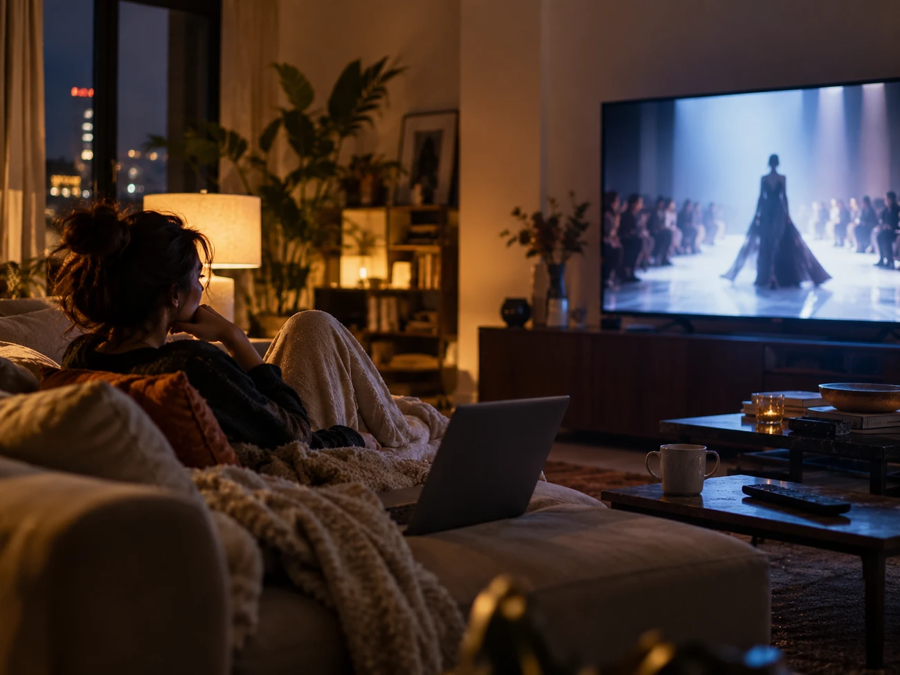 A person streaming a fashion show on TV at home, showing fashion movies on Netflix and streaming platforms A person streaming a fashion show on TV at home, showing fashion movies on Netflix and streaming platforms