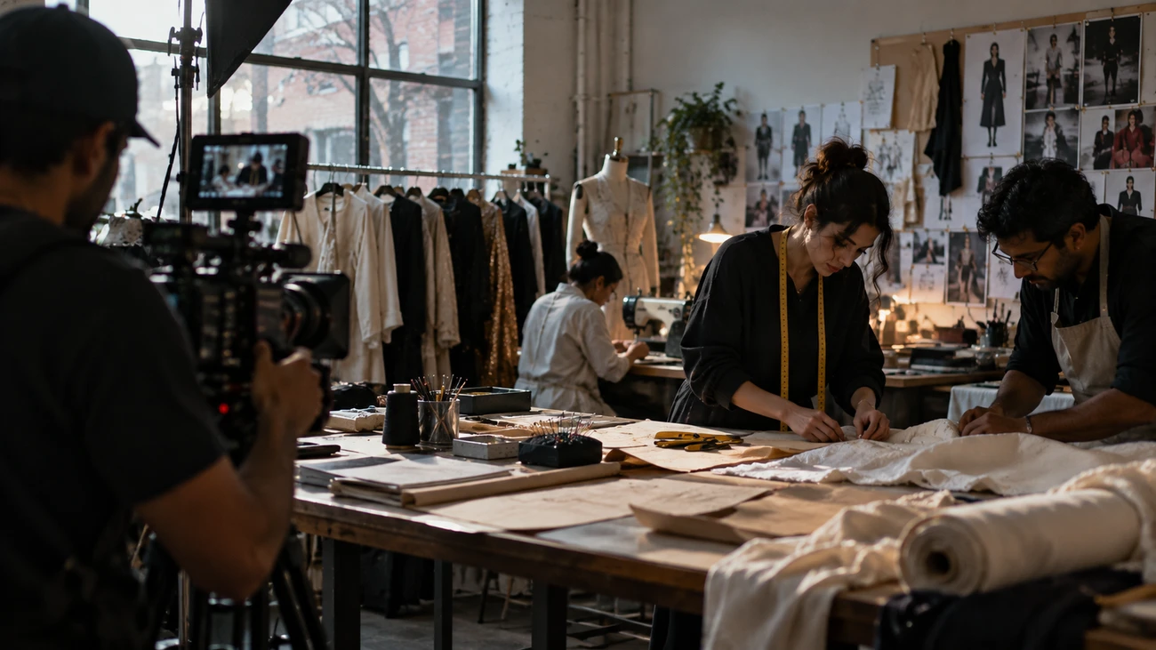 Artisans at work in an atelier being filmed, evoking the best fashion documentaries about designers Artisans at work in an atelier being filmed, evoking the best fashion documentaries about designers