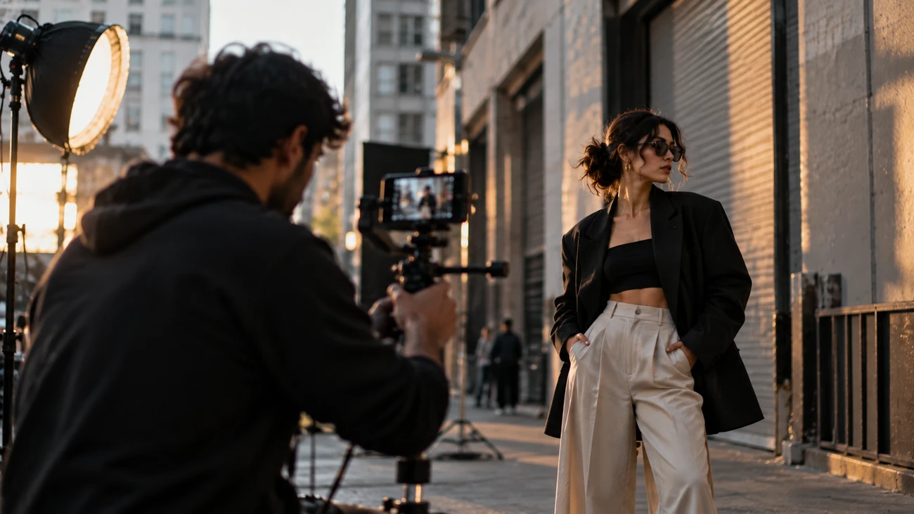 A creator filming a model in streetwear on a gimbal, showing the evolving, social-era world of fashion films A creator filming a model in streetwear on a gimbal, showing the evolving, social-era world of fashion films
