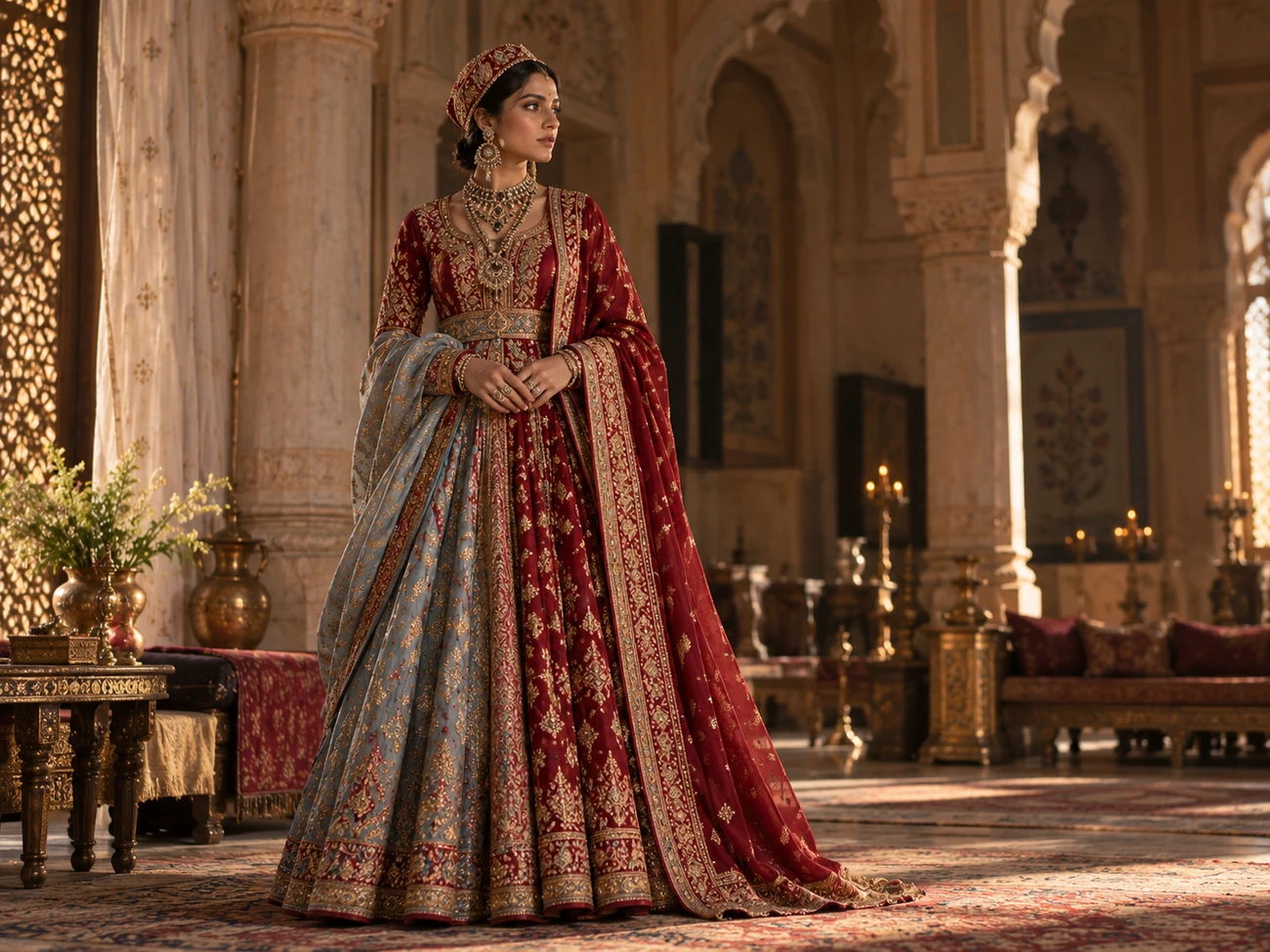 A model in an ornate red and blue Mughal-style anarkali with heavy jewellery, evoking 1960s period film costume A model in an ornate red and blue Mughal-style anarkali with heavy jewellery, evoking 1960s period film costume