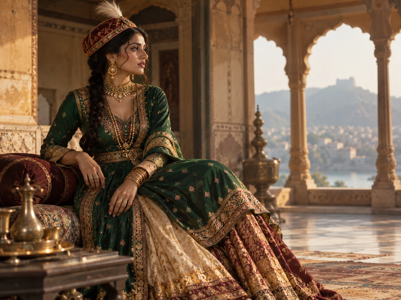 A model in a green kalidaar anarkali and antique gold jewellery, evoking opulent Maratha-era film costume A model in a green kalidaar anarkali and antique gold jewellery, evoking opulent Maratha-era film costume