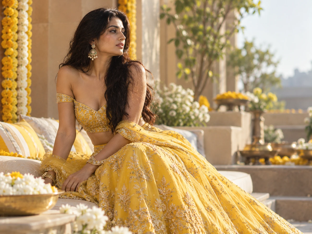A model in a yellow off-shoulder lehenga, evoking modern 2010s wedding film costume A model in a yellow off-shoulder lehenga, evoking modern 2010s wedding film costume