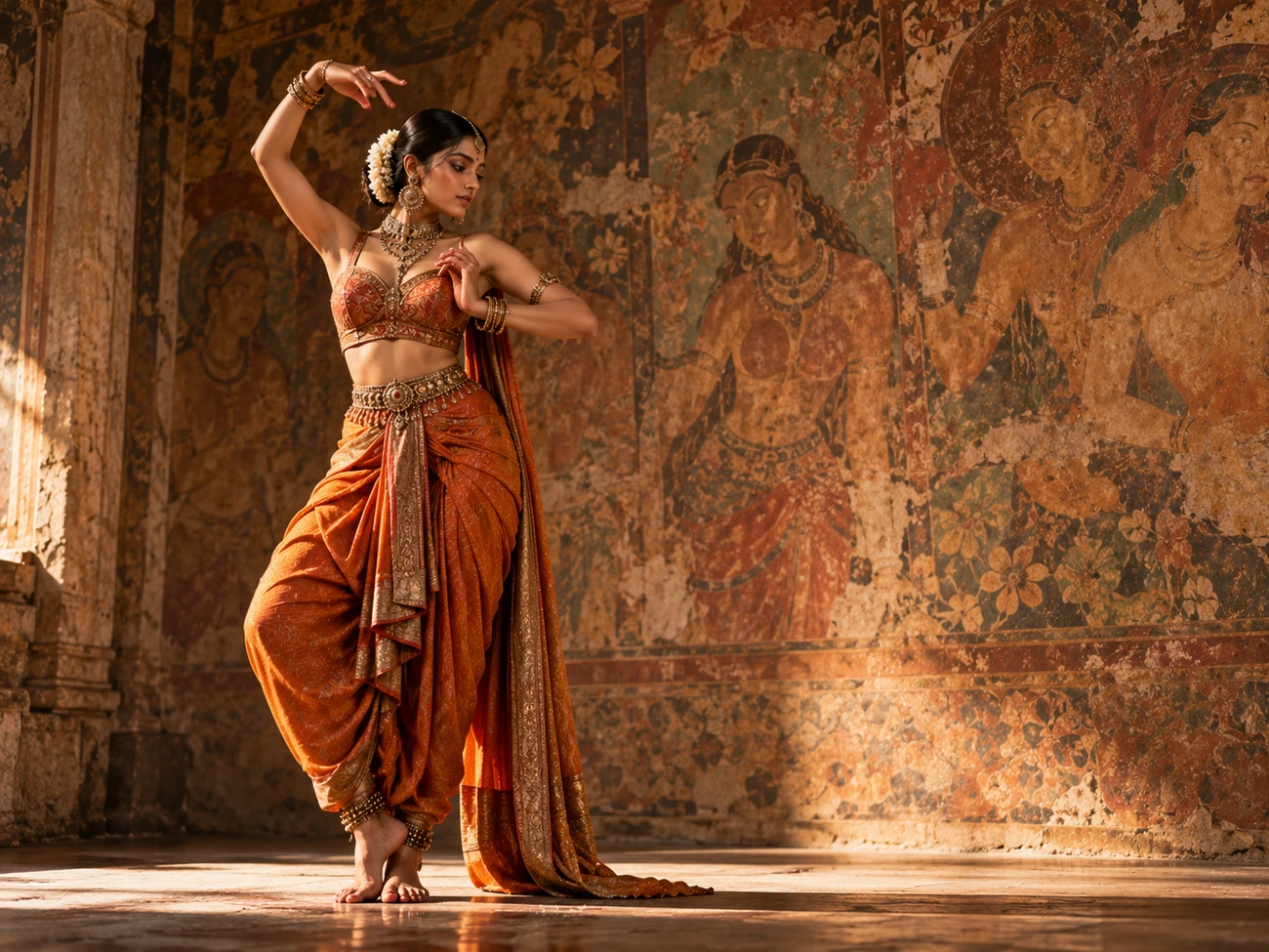 A dancer in an orange dhoti-style drape and antique gold jewellery, evoking Ajanta-fresco-inspired film costume. A dancer in an orange dhoti-style drape and antique gold jewellery, evoking Ajanta-fresco-inspired film costume.