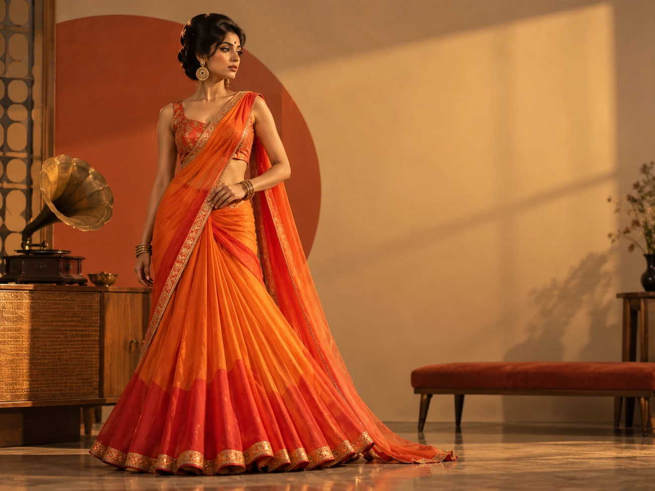 A model in a bright orange pleated concept sari, evoking late-1960s Hindi-film costume style A model in a bright orange pleated concept sari, evoking late-1960s Hindi-film costume style
