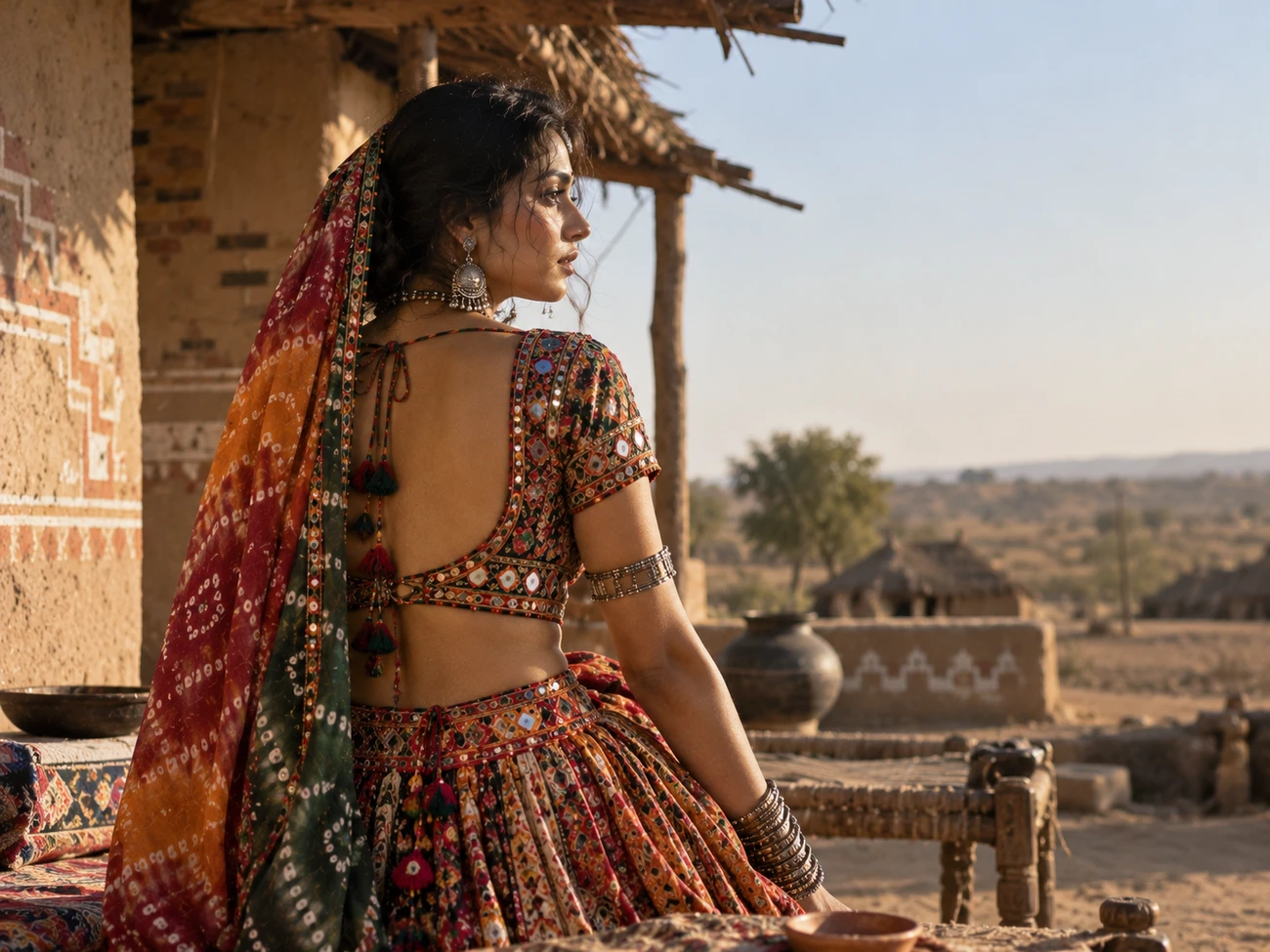A model in a mirror-worked Kutch choli and tie-dye odhni, evoking regional craft-based film costume A model in a mirror-worked Kutch choli and tie-dye odhni, evoking regional craft-based film costume