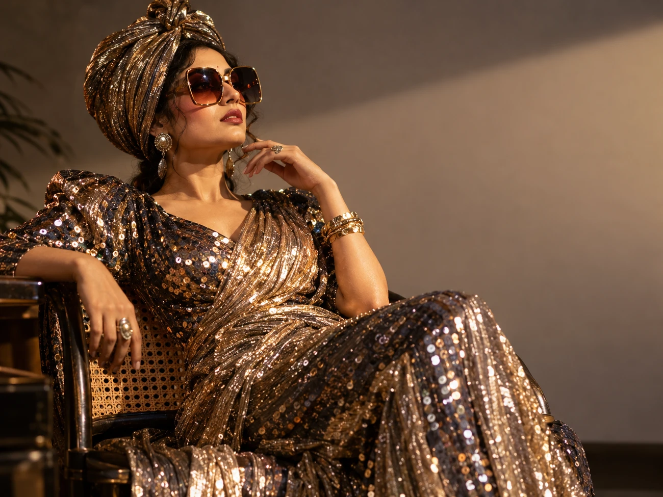 A model in a sequined lamé gown with turban and bold make-up, evoking 1980s glamour film costume A model in a sequined lamé gown with turban and bold make-up, evoking 1980s glamour film costume
