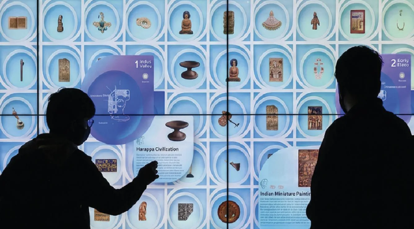 Visitor using an interactive display at the National Museum, Delhi