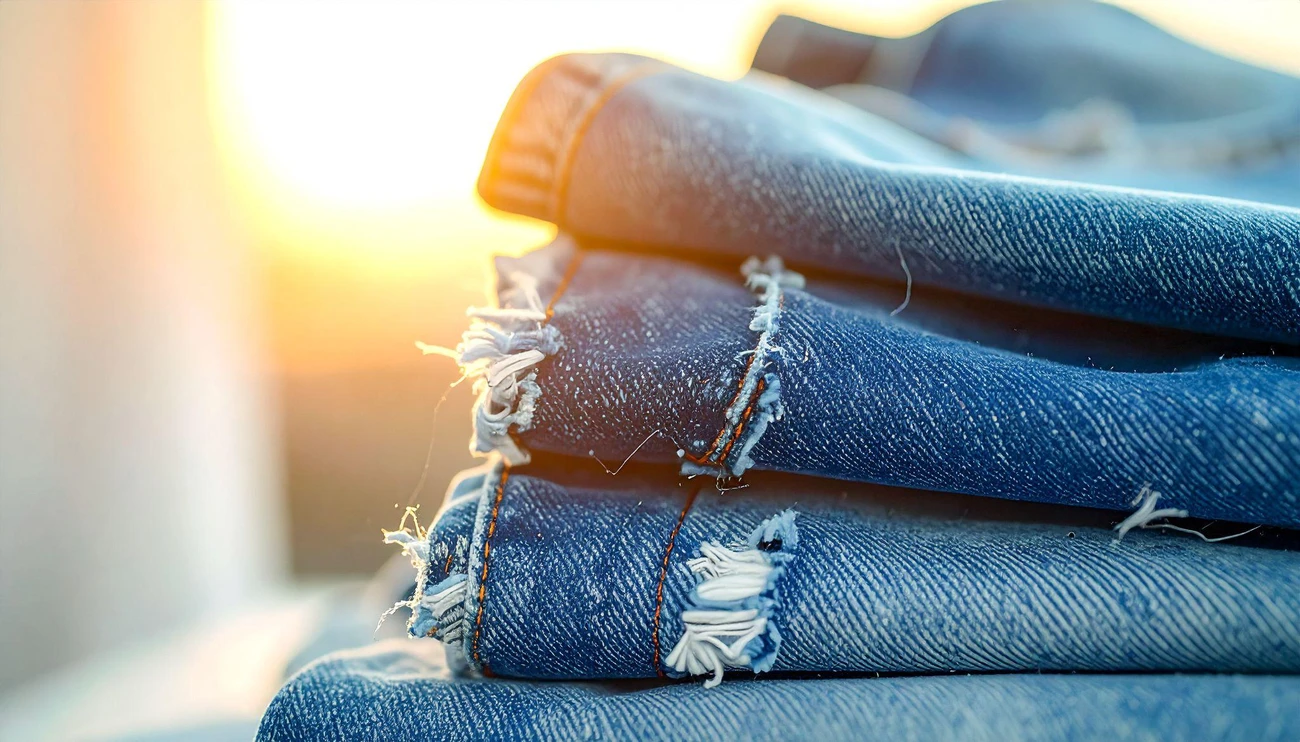 Stacked folded denim jeans with frayed edges in warm sunlight.
Stacked folded denim jeans with frayed edges in warm sunlight.