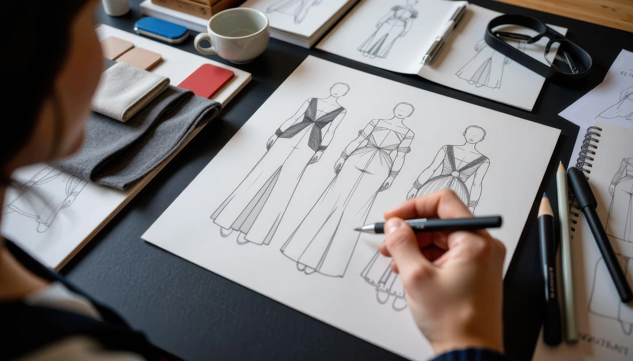 Fashion designer sketching dress concepts on a workspace with fabric swatches and tools.
Fashion designer sketching dress concepts on a workspace with fabric swatches and tools.