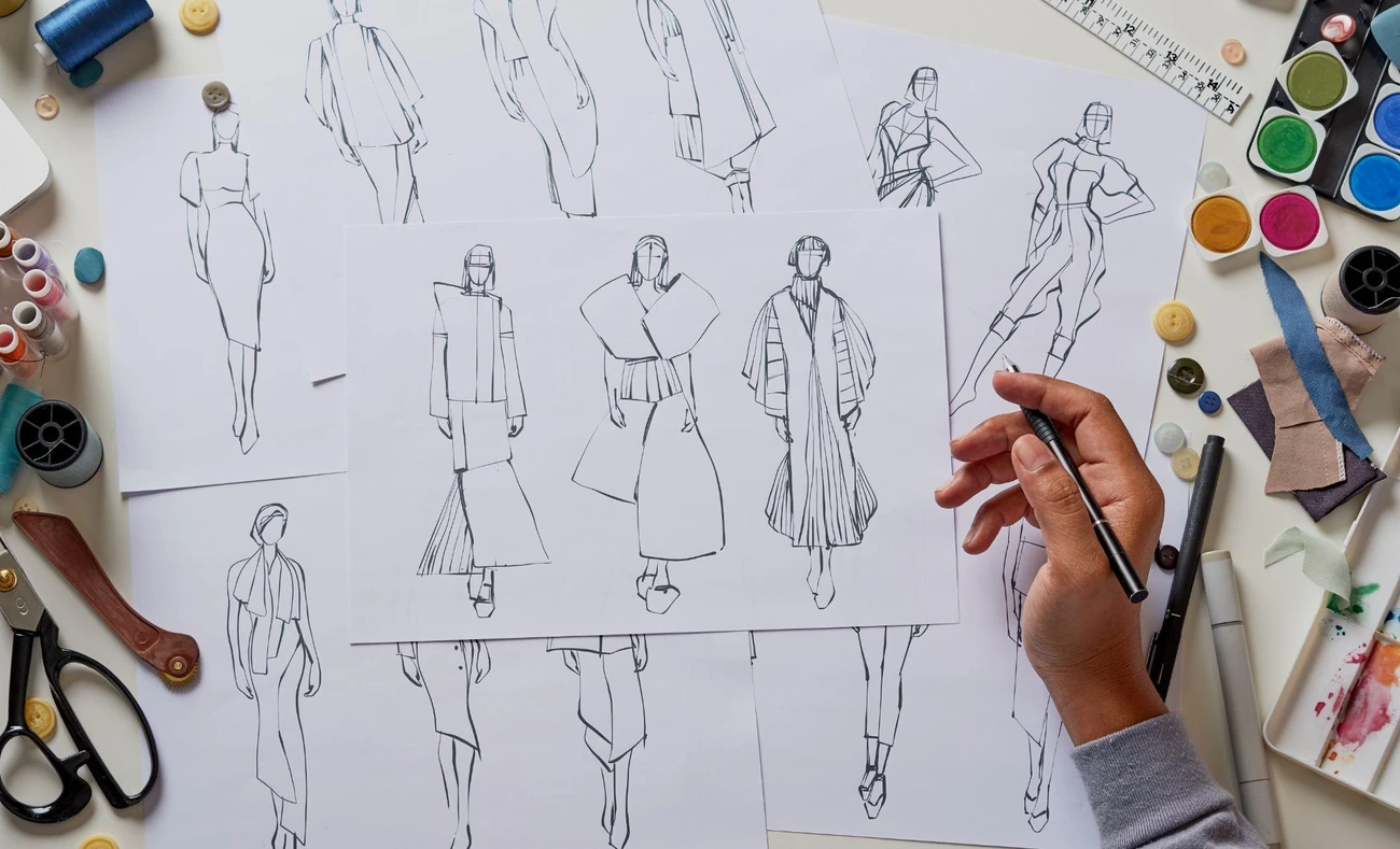 A designer demonstrating fashion design skills through hand-drawn fashion illustrations surrounded by art supplies.

