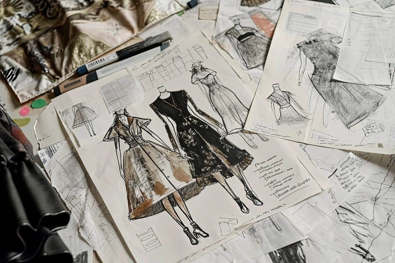 A workspace showcasing creative fashion design skills with detailed dress sketches on parchment paper.
