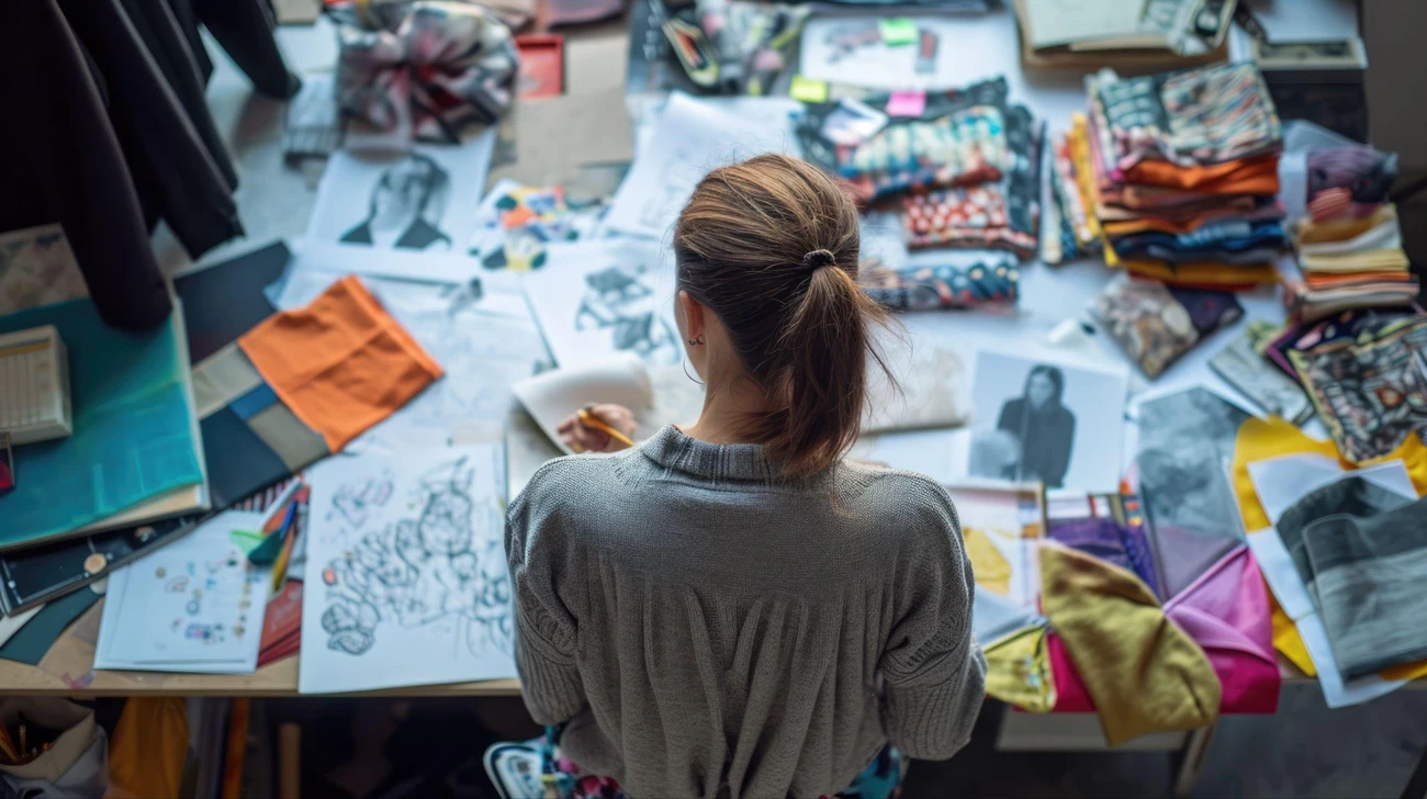 A designer utilizing visual fashion design skills while researching fabric swatches and sketches in a cluttered studio.
