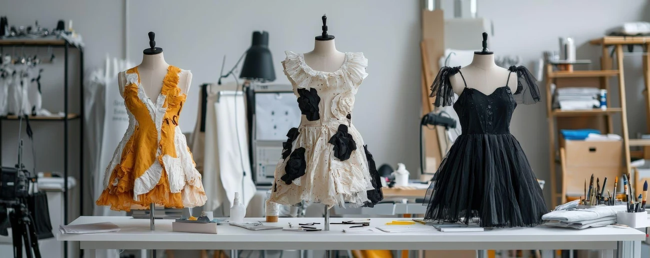 Three custom dresses displayed on mannequins, highlighting advanced garment construction and fashion design skills.
