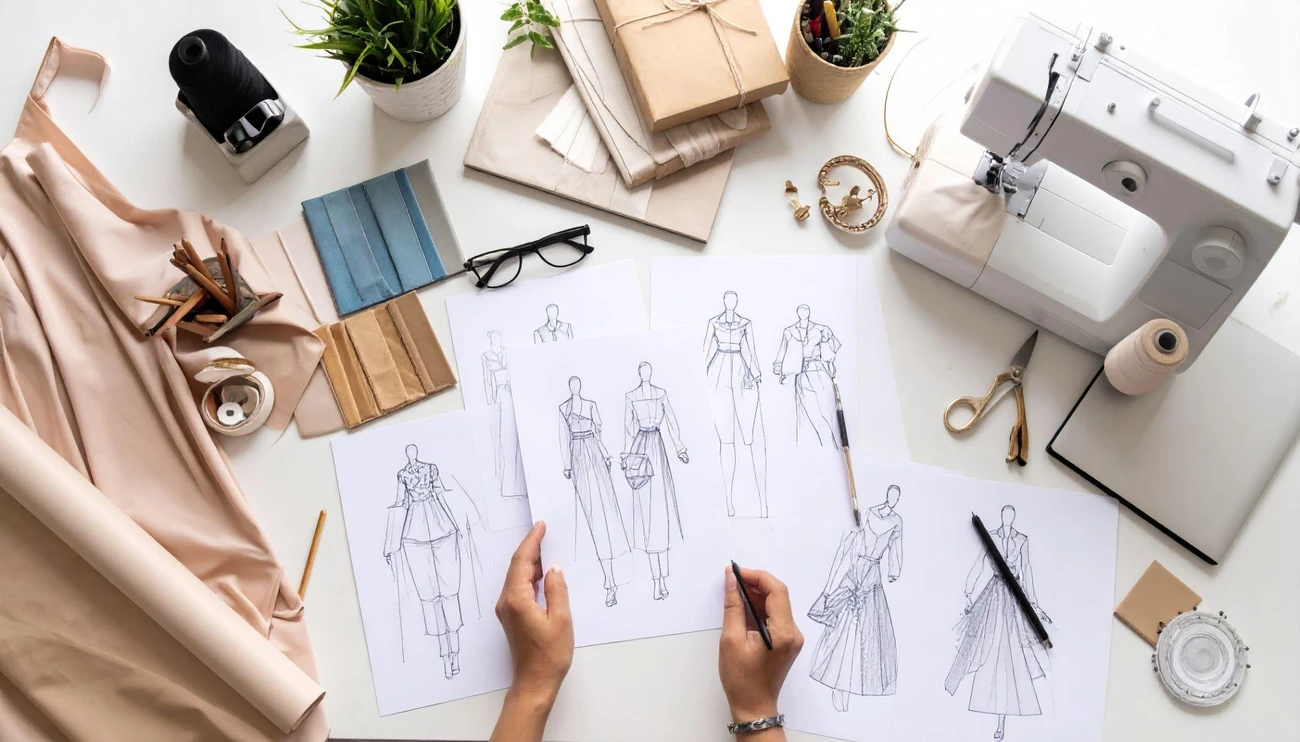 A flat lay view of a desk featuring fashion design skills applied to sketching, sewing prep, and fabric selection.
