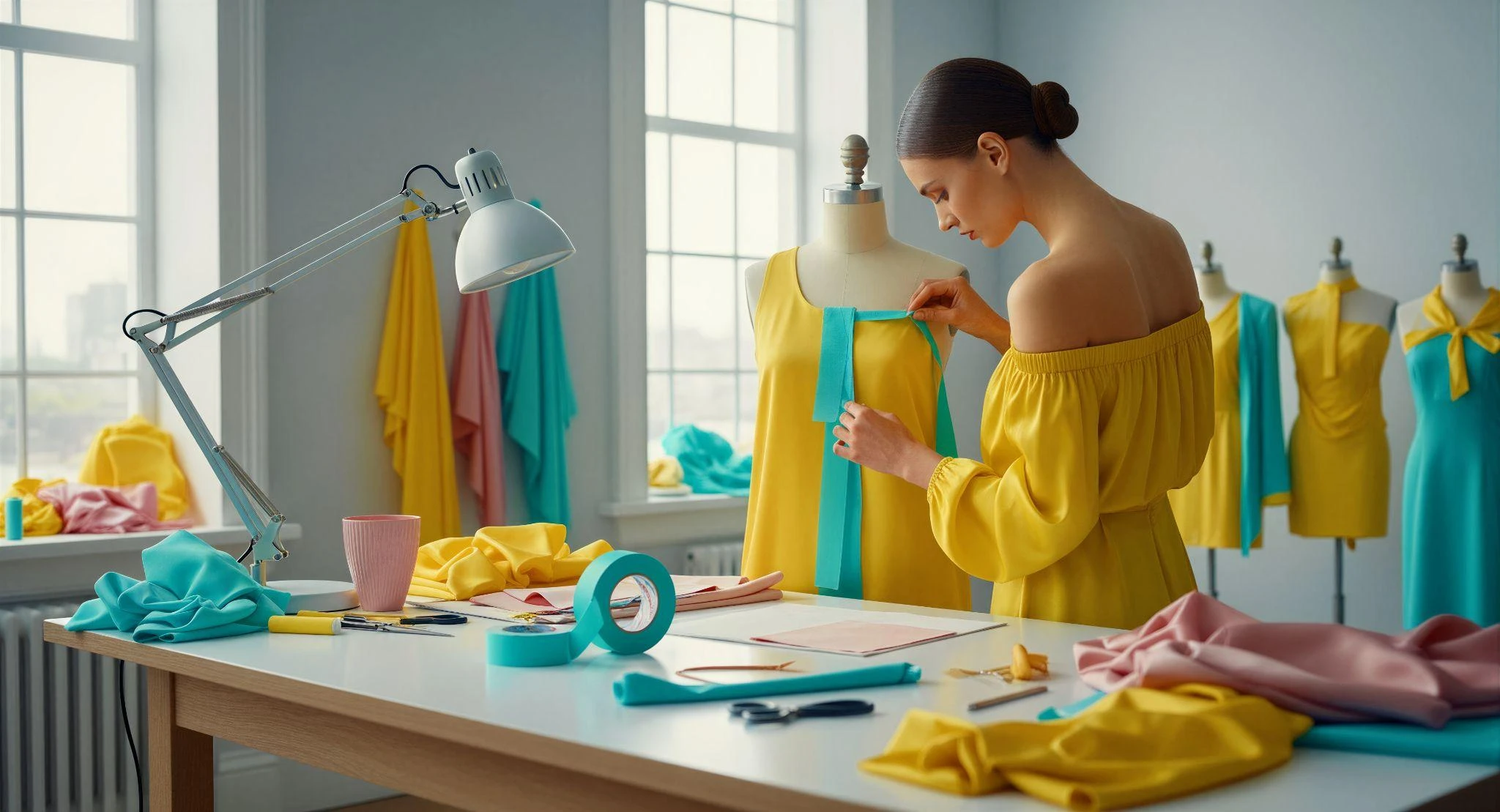 Woman working on a yellow fashion design project on a mannequin.
Woman working on a yellow fashion design project on a mannequin.